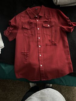 Red Distressed Denim Button-Up Shirt