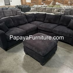 New! Black Sectional Sofa And Ottoman, Black Couch, Black Corduroy Sectional. L-Shaped Sofa, Couch, Sectionals, Black Sofa, Black Sectional,Plush Sofa