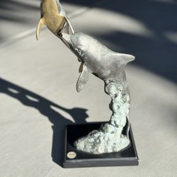 SPI Bronze Dolphin Figurine Sculpture Decorative Collectible on Black Base