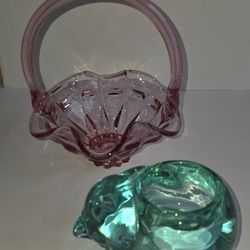 Fenton Pink Glass Basket + Teal Cat Glass Votive – Set