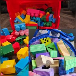 Building Blocks Combo - Mega Bloks Bucket + Wood Cron Foam Blocks Set