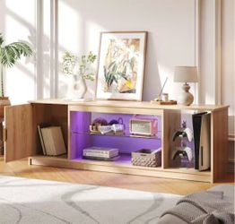 57in” Fluted Natural Wood Color TV Stand, fits up to 65in TV, comes with LED lights