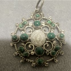 Our Lady of Guadalupe Mexico Silver Pendant with Green Stones