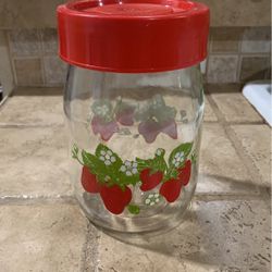 Vintage Carlton Glass 1 L. Jar Strawberry Design with red Screw Top Lid