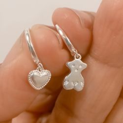 Sterling Silver Teddy And Heart Hoops Earrings