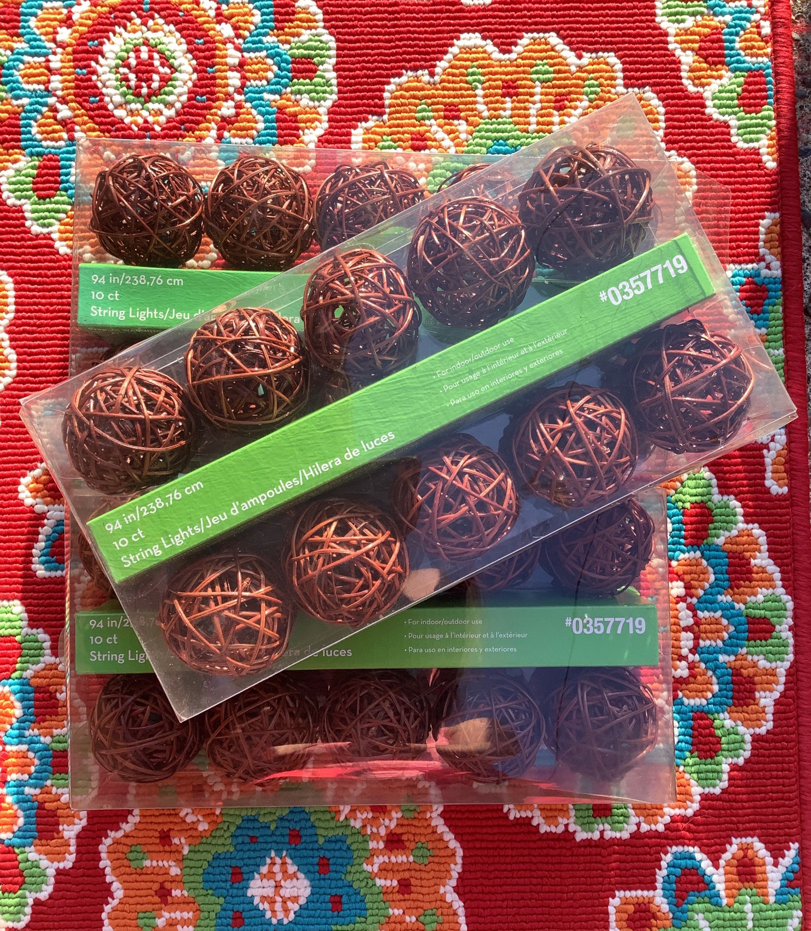 Rattan Wicker 10 Natural Balls Light String 94” Green Cord Garden Patio Outdoor Indoor Brand New $10