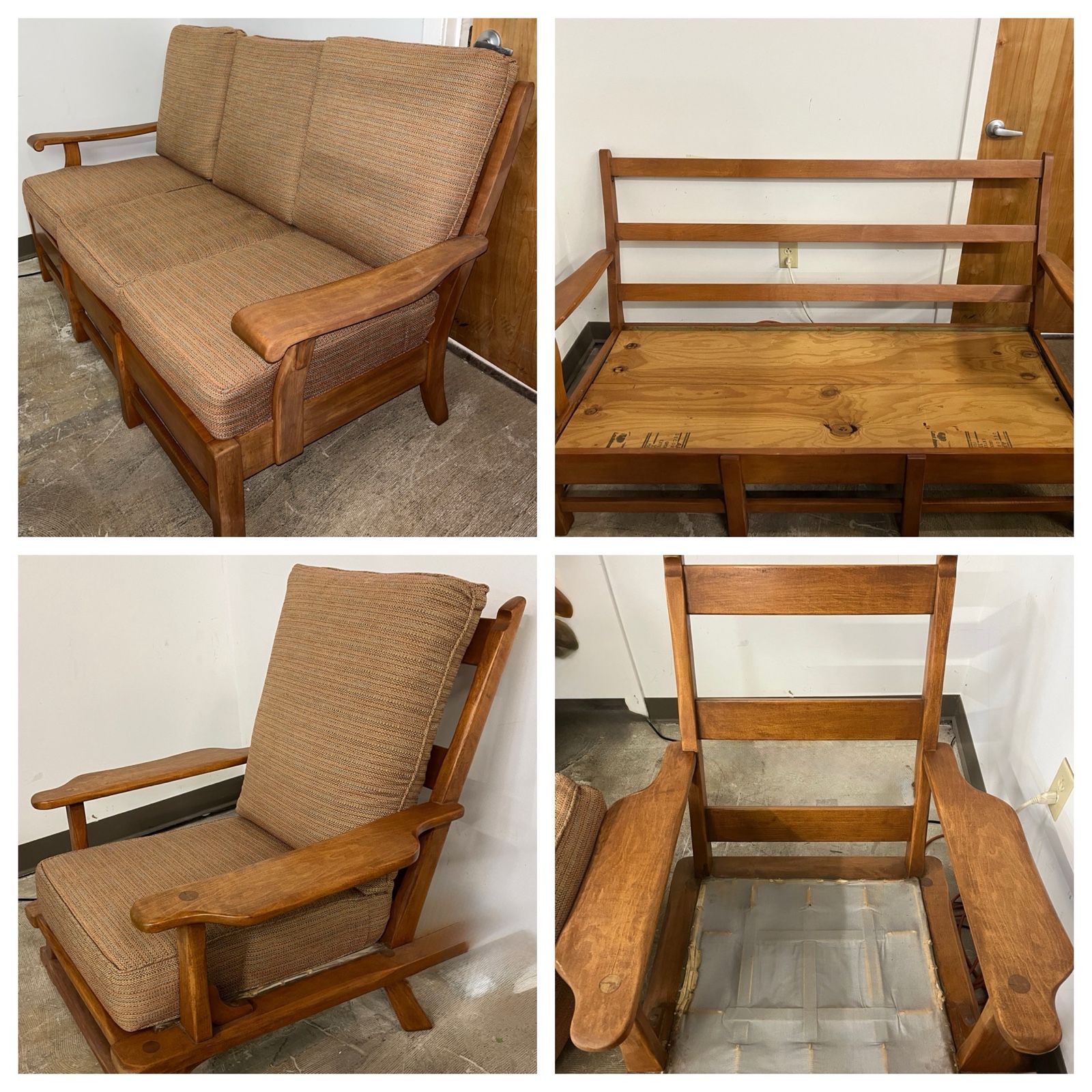 Solid wood 3 seat sofa couch $200. Paddle arm accent chair $100. $250 both. Solid, heavy, sturdy