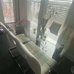 glass Dining Table And Six White Leather Chairs 