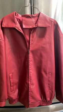 Red Faux Leather Zip-Up Bomber Jacket Large