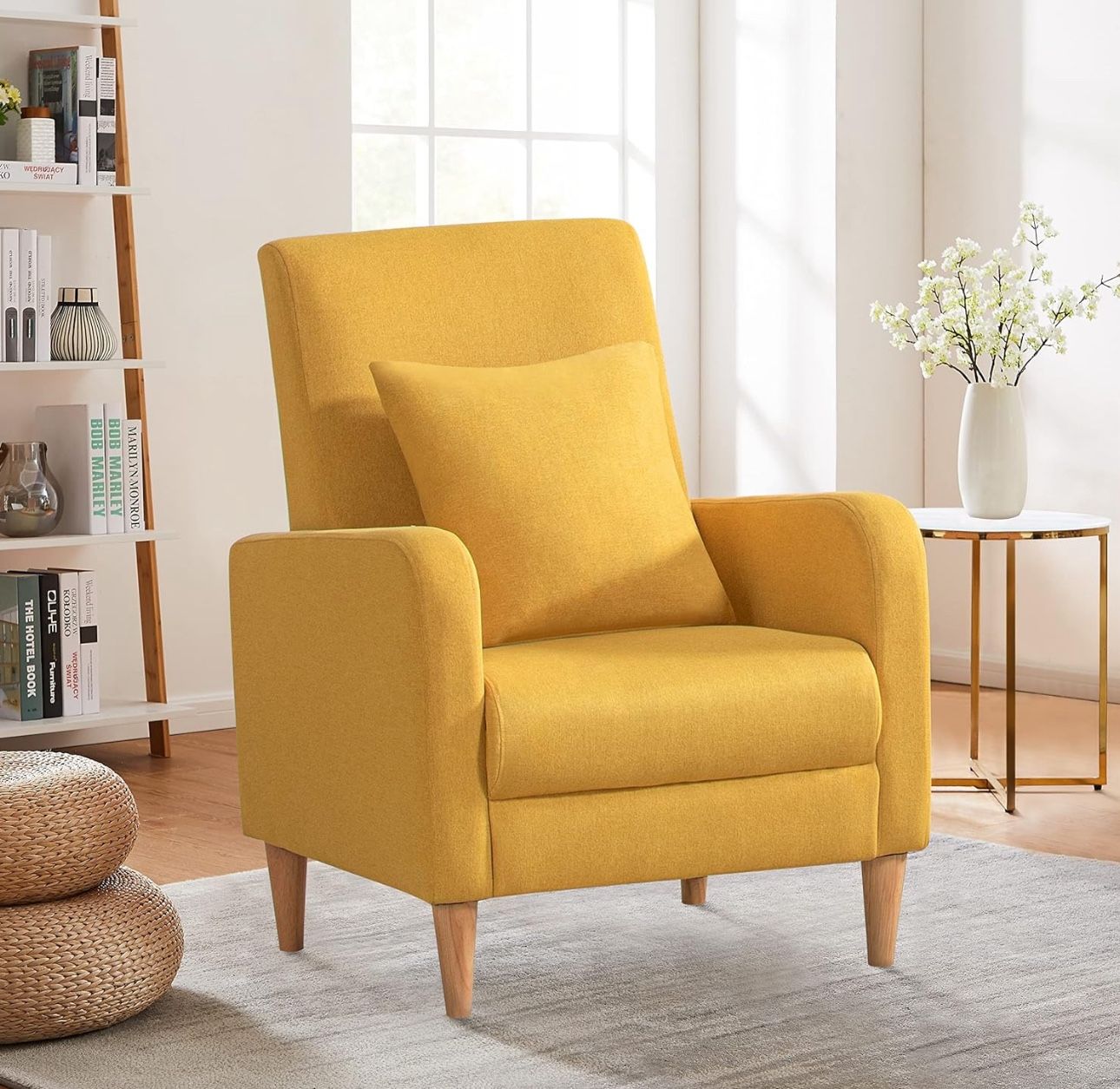 Modern Upholstered Accent Chair Armchair with Pillow, Fabric Reading Living Room Side Chair,Single Sofa with Lounge Seat and Wood Legs