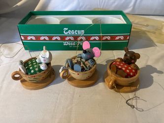 Christmas Ornament 1982 Sleeping Mice In Teacups (3 Pack) Vintage