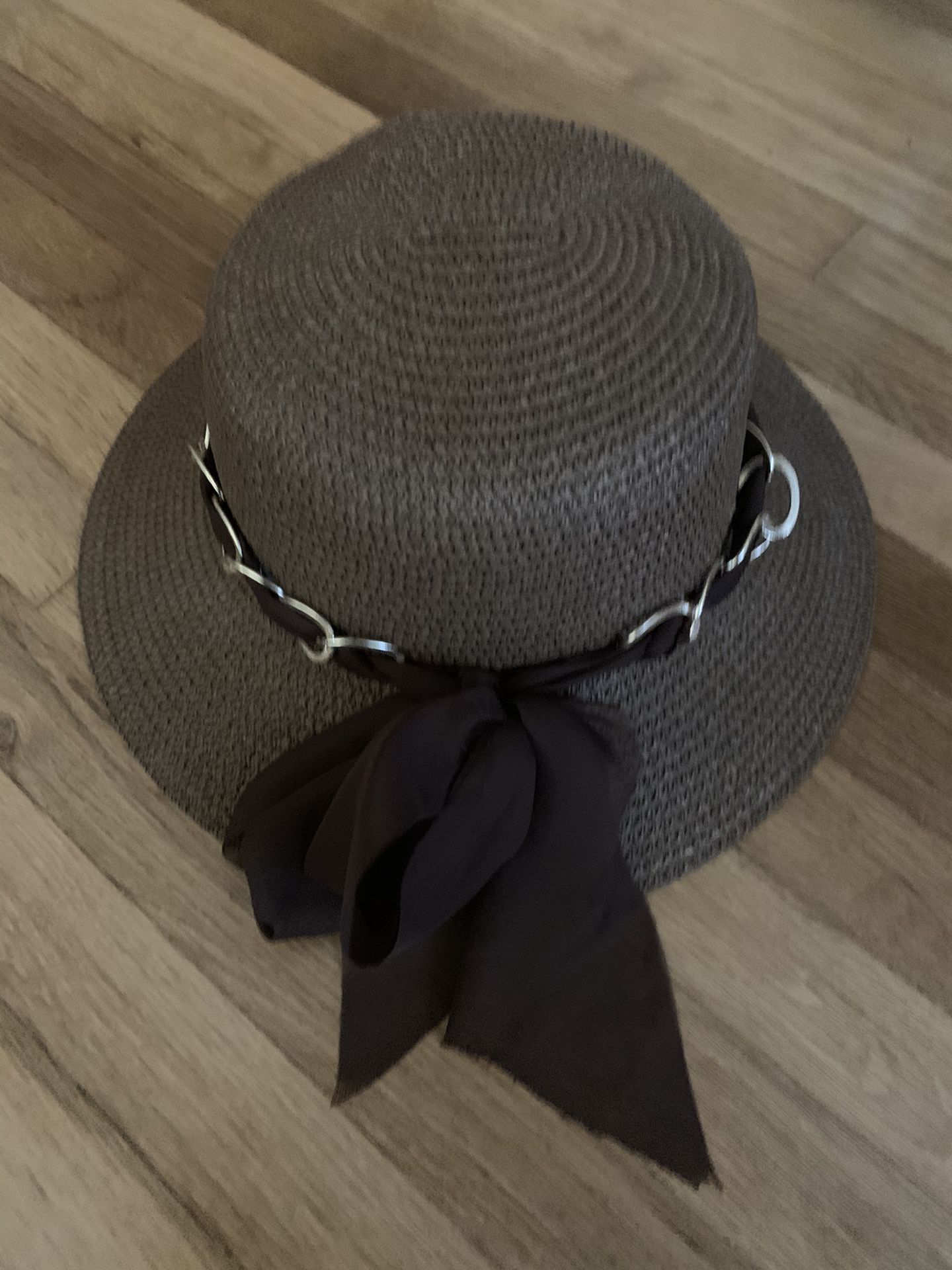 Womens Sun Hat Brown with Gold Chain and Bow