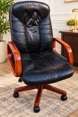 High Back Executive Office Chair Black Leather Look Wood Arms