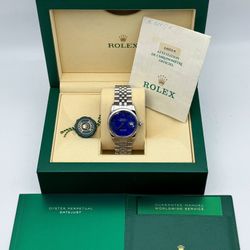 1988 Rolex Datejust 16014 36mm stainless steel jubilee bracelet custom blue rare lapis dial white gold fluted Bezel watch box papers