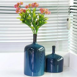 Ceramic Vase Blue Flower Vases - Set of 2 Modern Reactive Glaze Blue Vases for C