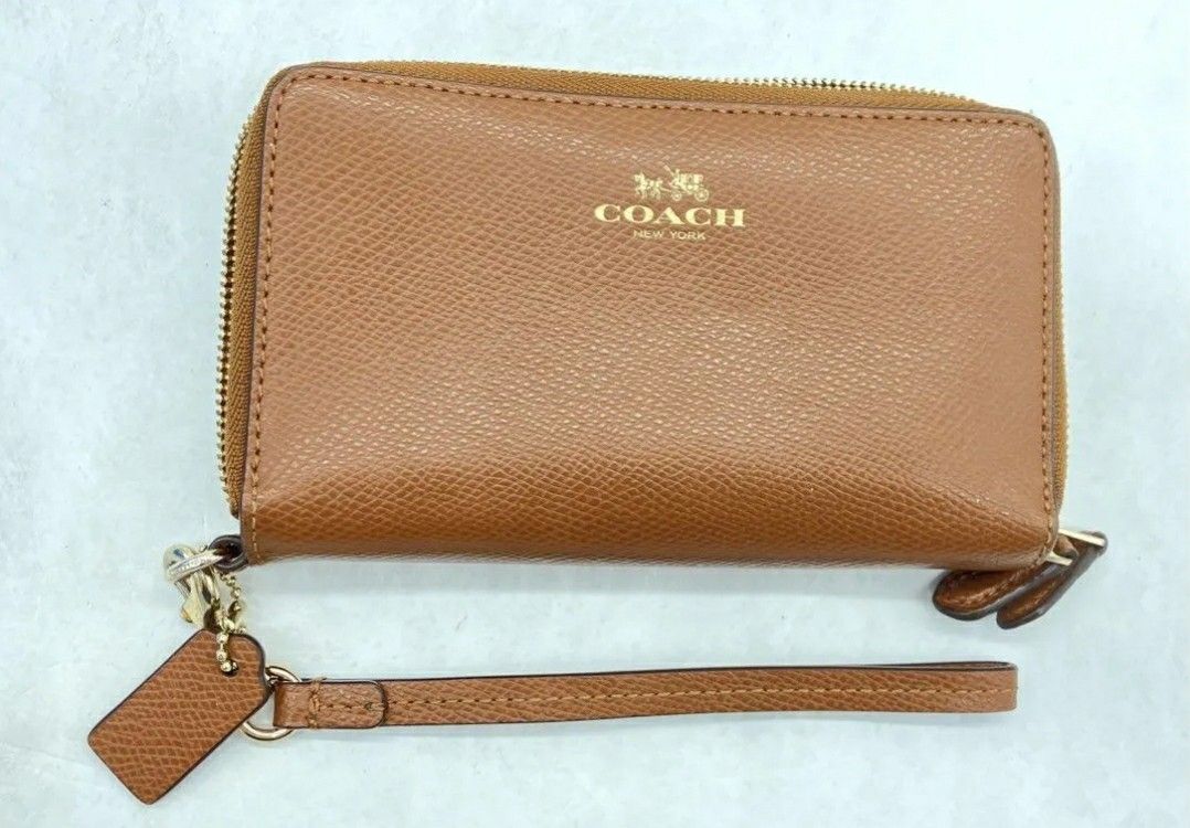 Coach Brown Pebble Leather Zip Around Phone Wallet Wristlet