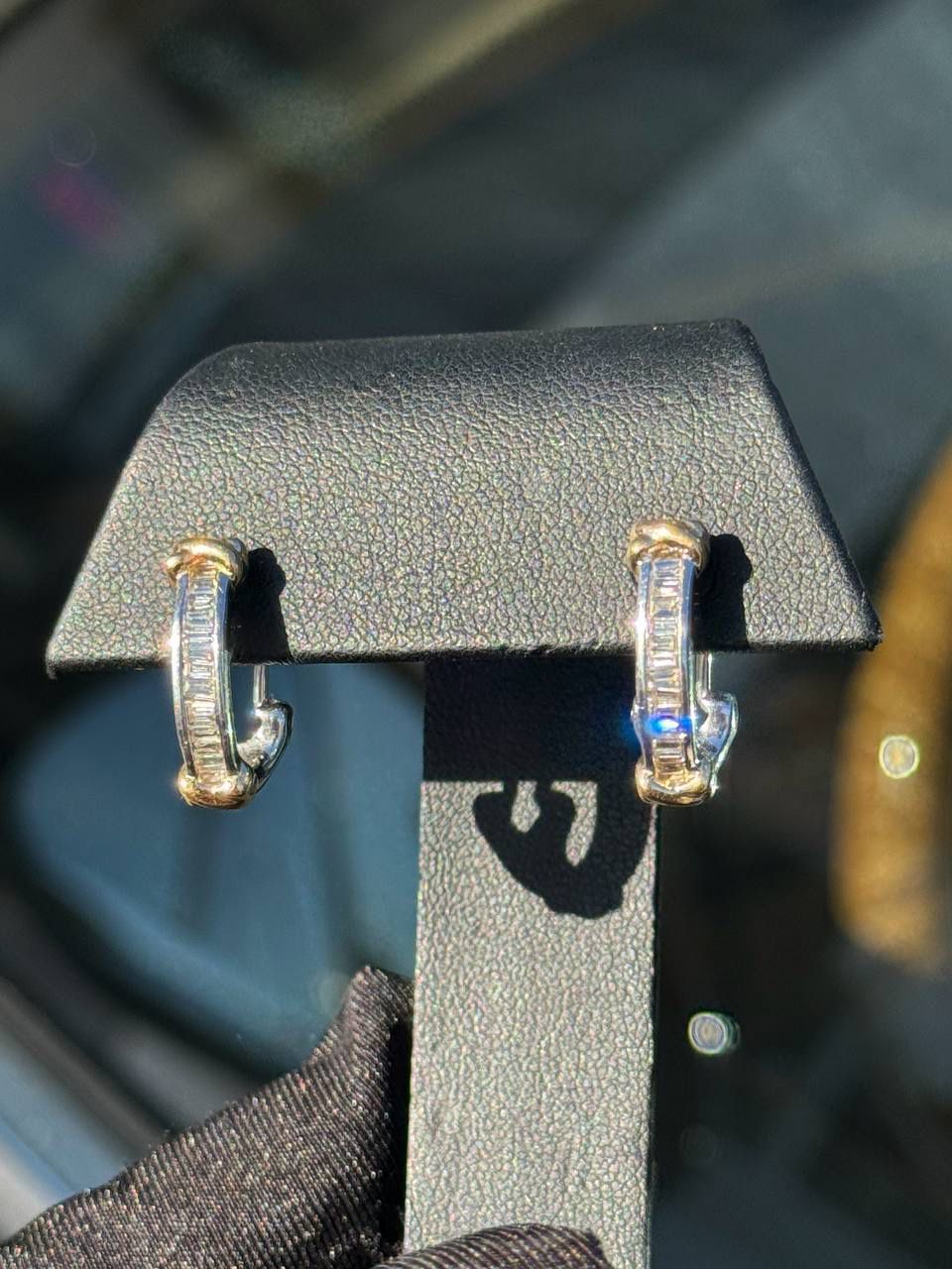 18k gold two tone baguette diamond earrings