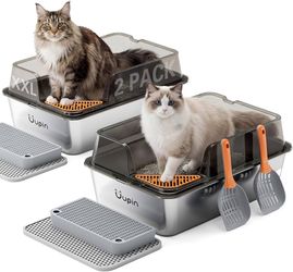 Brand new in box 2 Pack Stainless Steel Litter Box - Extra Large XXXL Metal Cat Litter Box with Lid High Sides for Big Cats and Multi-Cats, Angled Ent