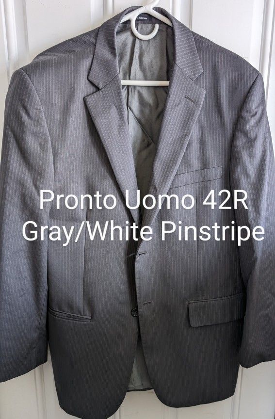 Mens Pronto Uomo Super 100's Gray W/ White Pinstripe Suit Coat Jacket 42R, 100% Wool, 2 Vents.