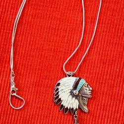 Native Head Dress and Feather on a SILVER Chain