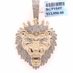 Diamond Gold Lion Head Pendant 10K New 
