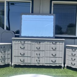 Bedroom, set gray dresser, and tables or nightstands mirror, and headboard