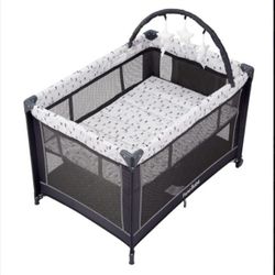 Pamo Babe Portable Playard with Padded Mat & Toy Bar – Foldable Baby Crib