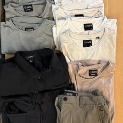 Young men crewcut sweatpants small, shorts 28, rest med-tops, joggers, button down-see Description