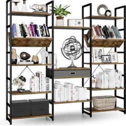 NUMENN Triple Wide 5 Tier Bookshelf, Adjustable Rustic Industrial Style Book Shelves
