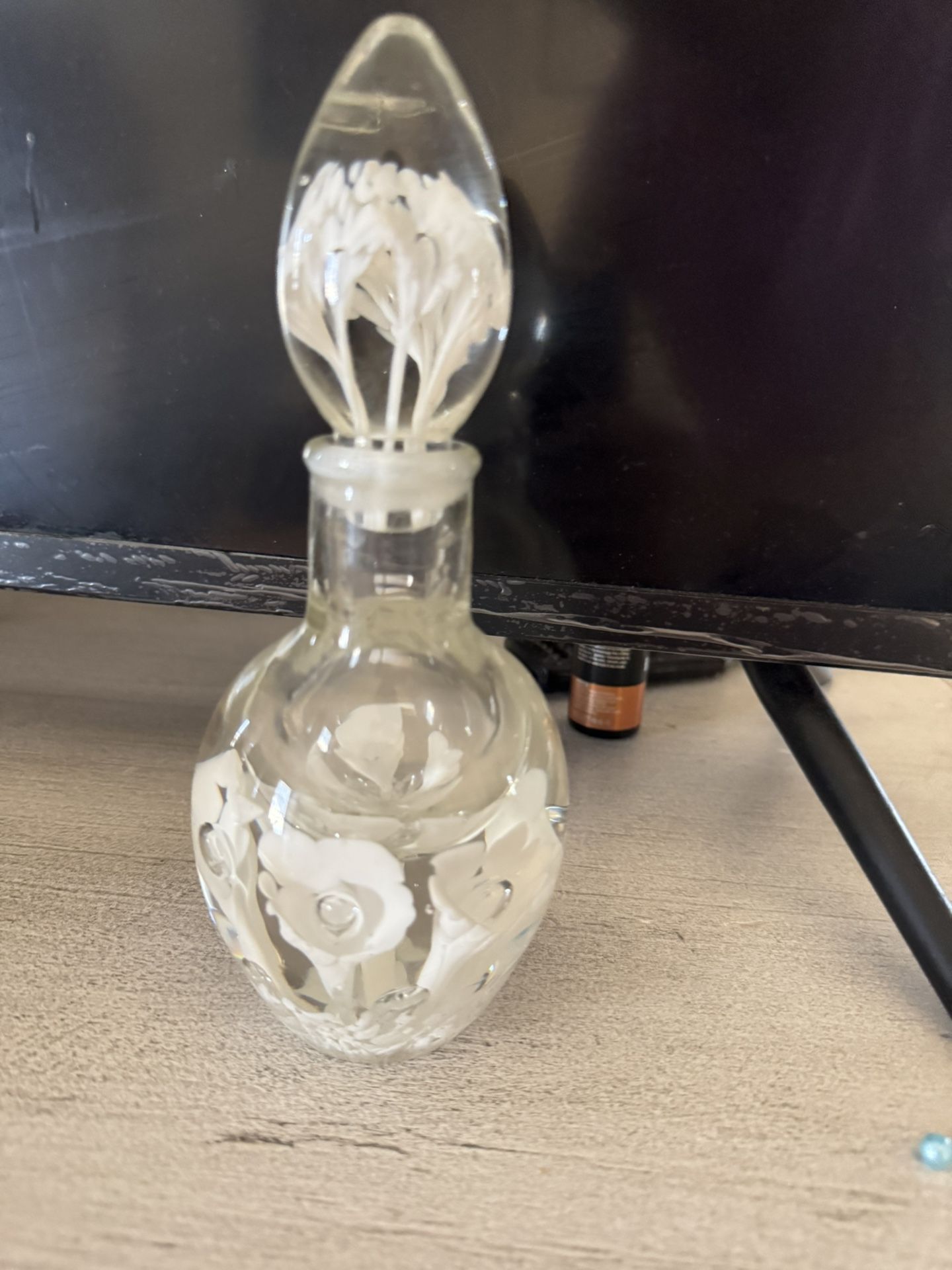 Vintage Joe St. Clair Art Glass Perfume bottle with White Flowers in a Paper Weight Styl
