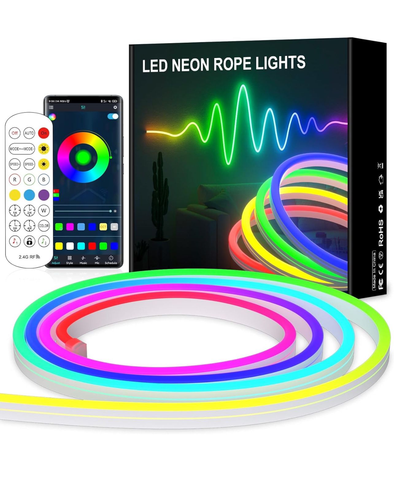 Brandnew RGB Neon LED Bluetooth -32.8FT(2 * 16.4FT) RGB 3535 LED Music Sync Color Changing Lights, App Controlled - for Bedroom, Party, Kitchen Decora