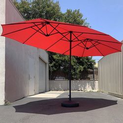 (NEW) $130 Large 15FT Double Sided Outdoor Umbrella w/ 65 LBS Plastic Weight Base (Red/Gray) 