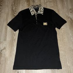 Dolce & Gabbana Leopard Print Collar Polo Shirt- Size 46