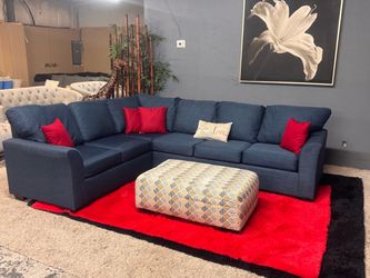 Nice Blue 2 Piece Sectional Couch With Ottoman - Delivery Available