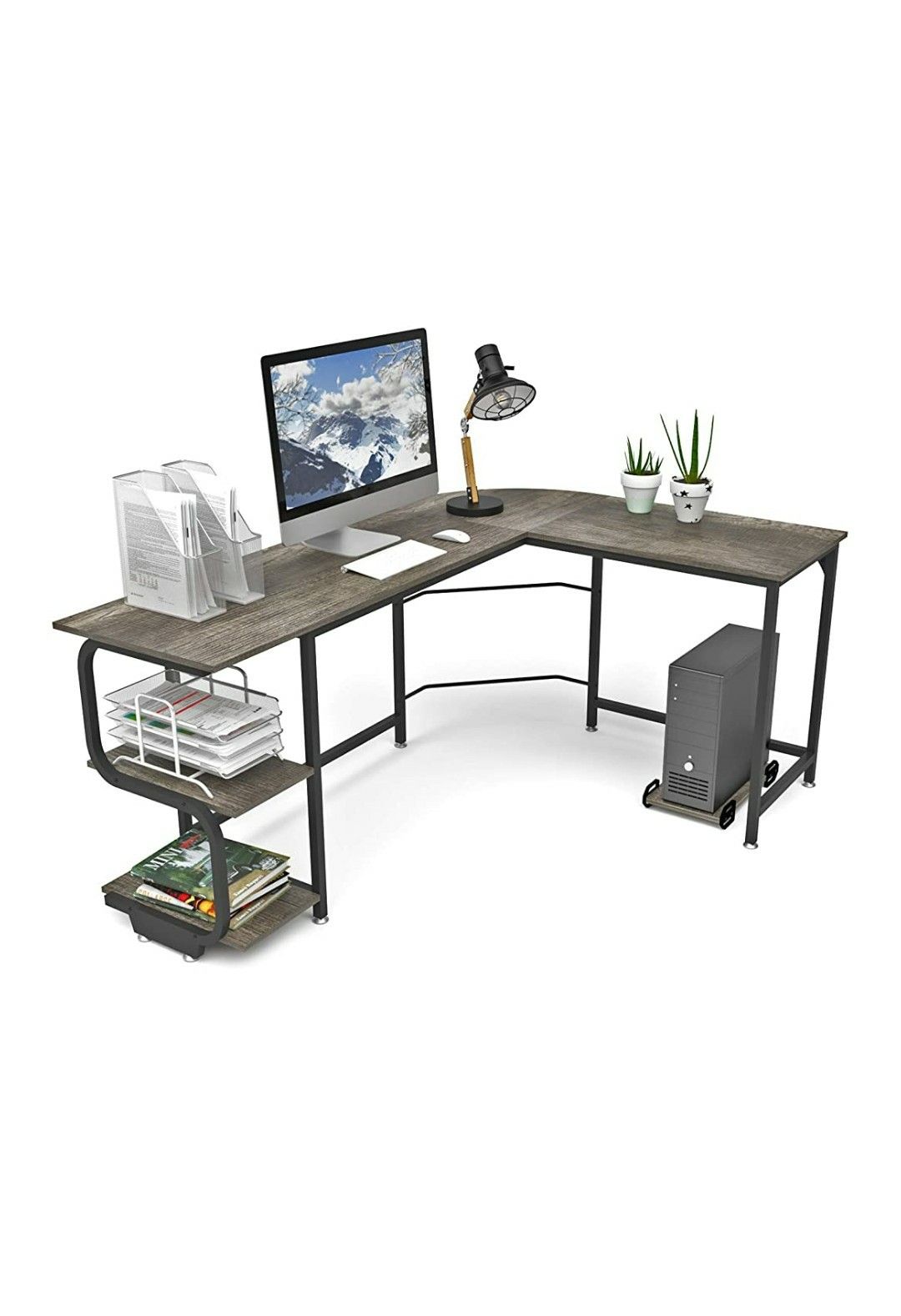 (B8) Teraves Reversible L Shaped Desk with Shelves Round Corner Computer Desk Gaming Table Workstation for Home Office