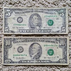 Vintage 1990s small face $5 & $10 bills Federal Reserve bank notes old American paper money