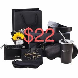 luxury gift set, specially designed for men, includes 9 items. The black premium gift box contains a thermos, leather wallet, belt, sunglasses, socks,