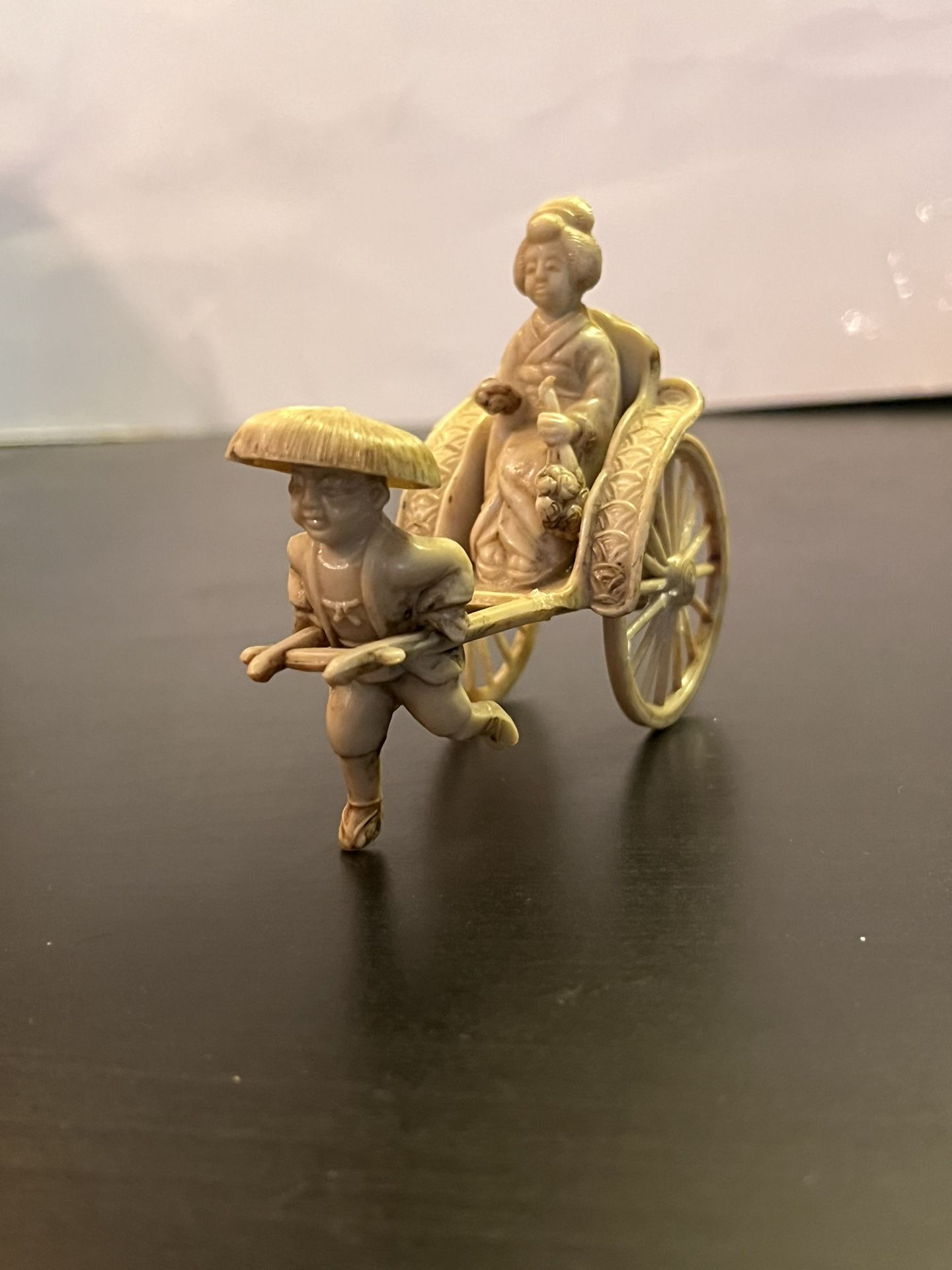 Vintage Asian Celluloid Man Pulling Geisha in Rickshaw Cart Figurine