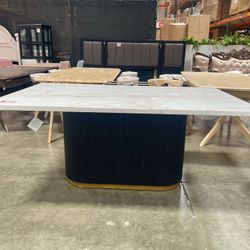Marble Dining Table - White Marble Top Dark Wood Reeded Pedestal Base