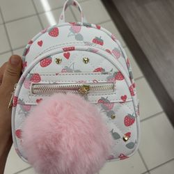 NWT Strawberry Print mini Backpack with Pink Pom Pom