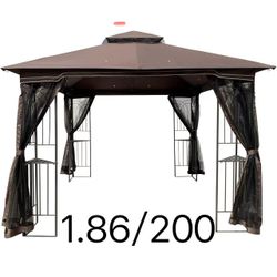 10x10 Outdoor Patio Gazebo Canopy Tent with Ventilated Double Roof and Detachable Net for Garden Backyard Deck Lawn Use, Brown Top