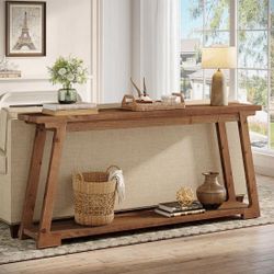 63" Console Table, Wood Sofa Table With 2-Tier Storage For Living Room, Retro Brown