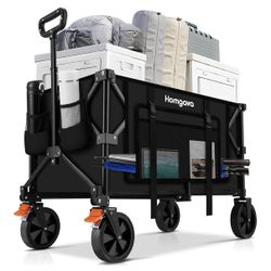 140L Collapsible Folding Wagon Cart with 350LBS Resting Weight Capacity, Heavy Duty Garden Cart with All-Terrain&Brake Wheel, Utility Wagon with Side 