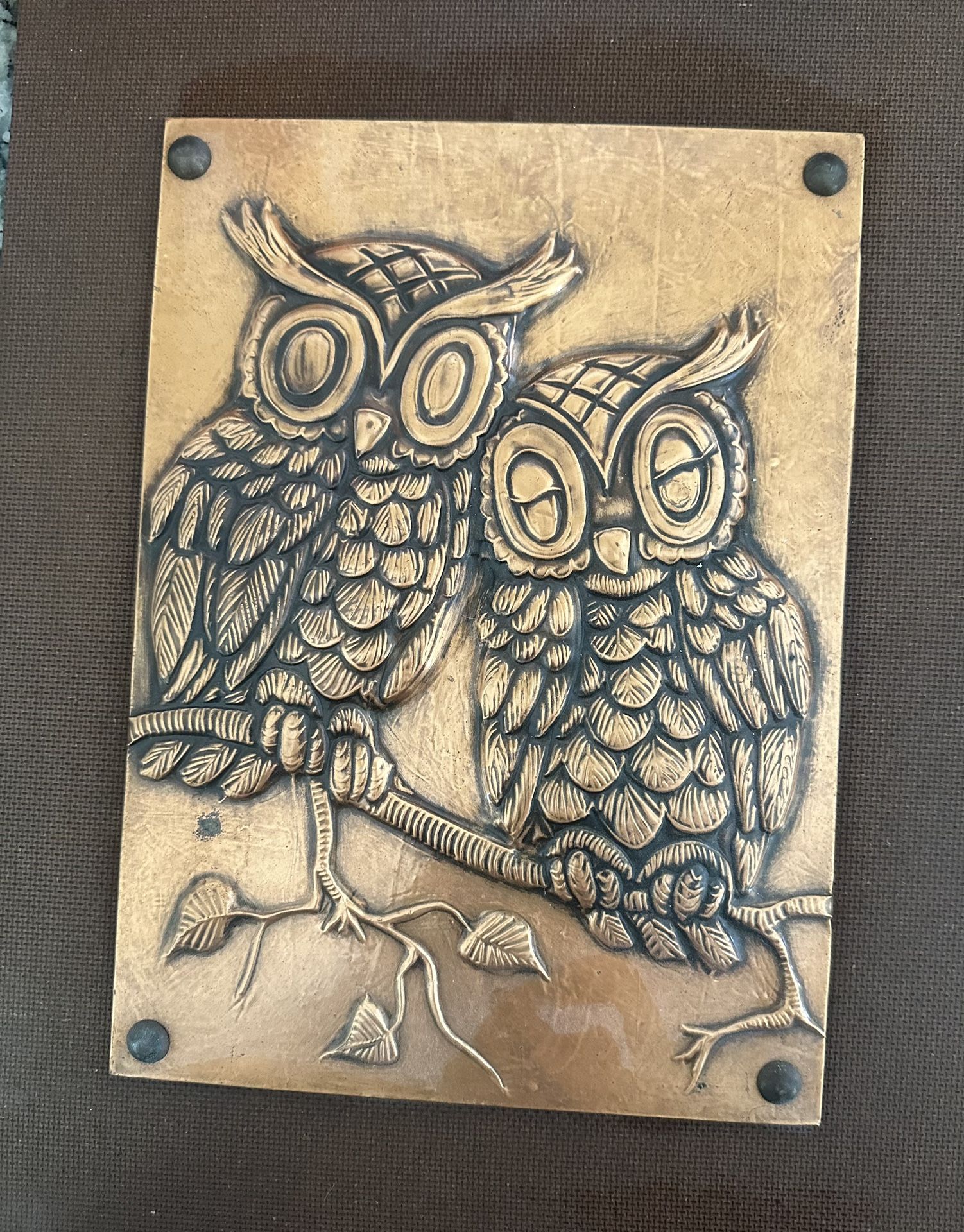 Vintage Copper Craft Hanging Wall Art Of Two Owls