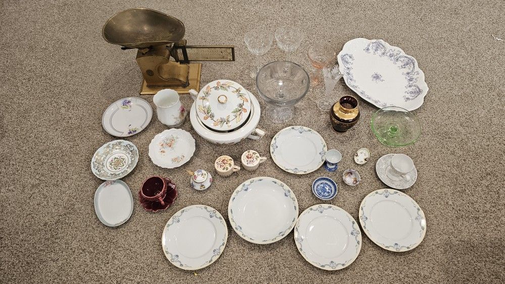 Large lot of antique collectibles including plate, cup, bowl, saucer, salt and pepper shaker, dishes, scale