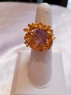 Gold plated and amethyst ring, size 5