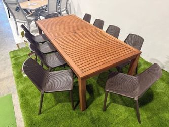 Brand New 11 Piece Rectangular Table With Stackable Brown Chairs Patio Dining Set | Ideal Furniture Set For Outdoor
