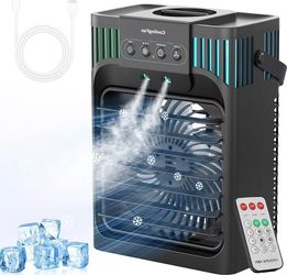 4-in-1 Evaporative Air Cooler with Remote Control, Cooling Fan with 3 Modes, 3 Speeds & 7 LED Lights, 2-8H Timer, 1200ML Personal Mini AC Unit