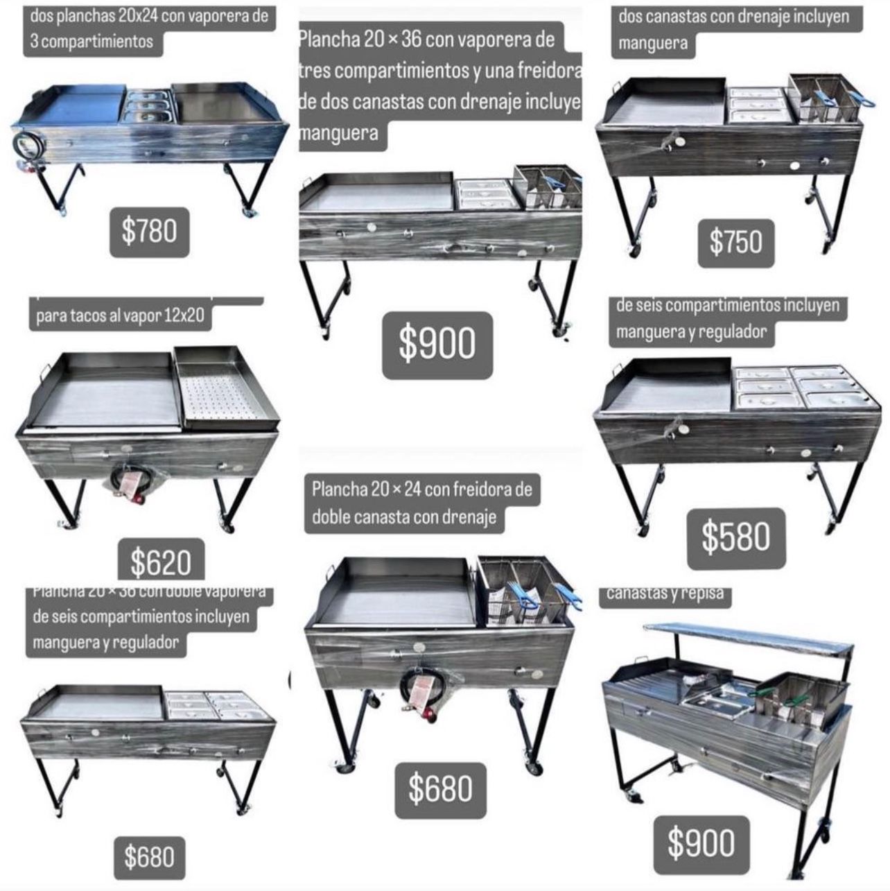 Planchas/ Carros Taqueros/ Parillas/ Cazos/ Comales/ Catering Food Carts/ Grills/ Catering Equipment New