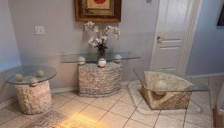 high end luxury 3-Piece Postmodern Tessellated Stone and Glass Table Set